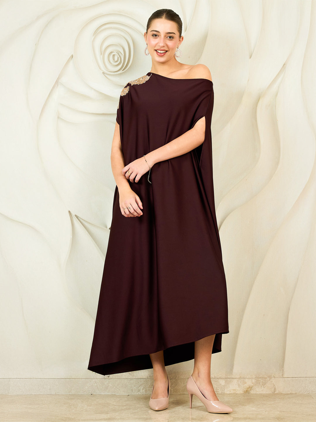 Shally Bhasin by Athena Embroidered One Shoulder Kaftan Maxi Dress