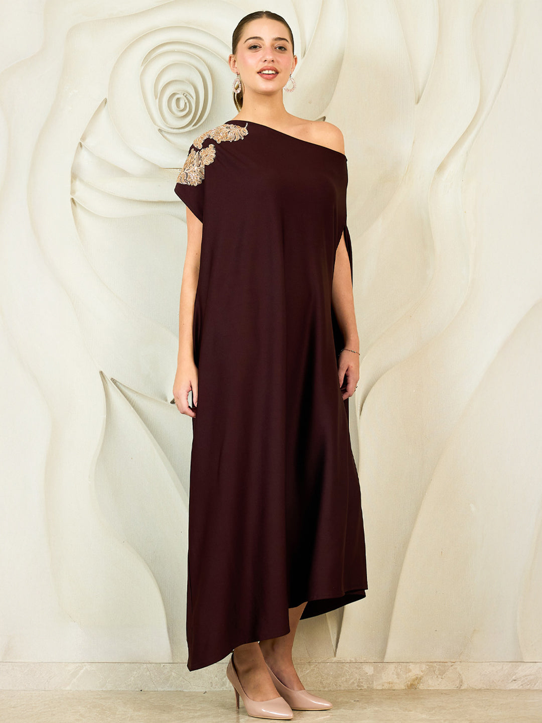 Shally Bhasin by Athena Embroidered One Shoulder Kaftan Maxi Dress