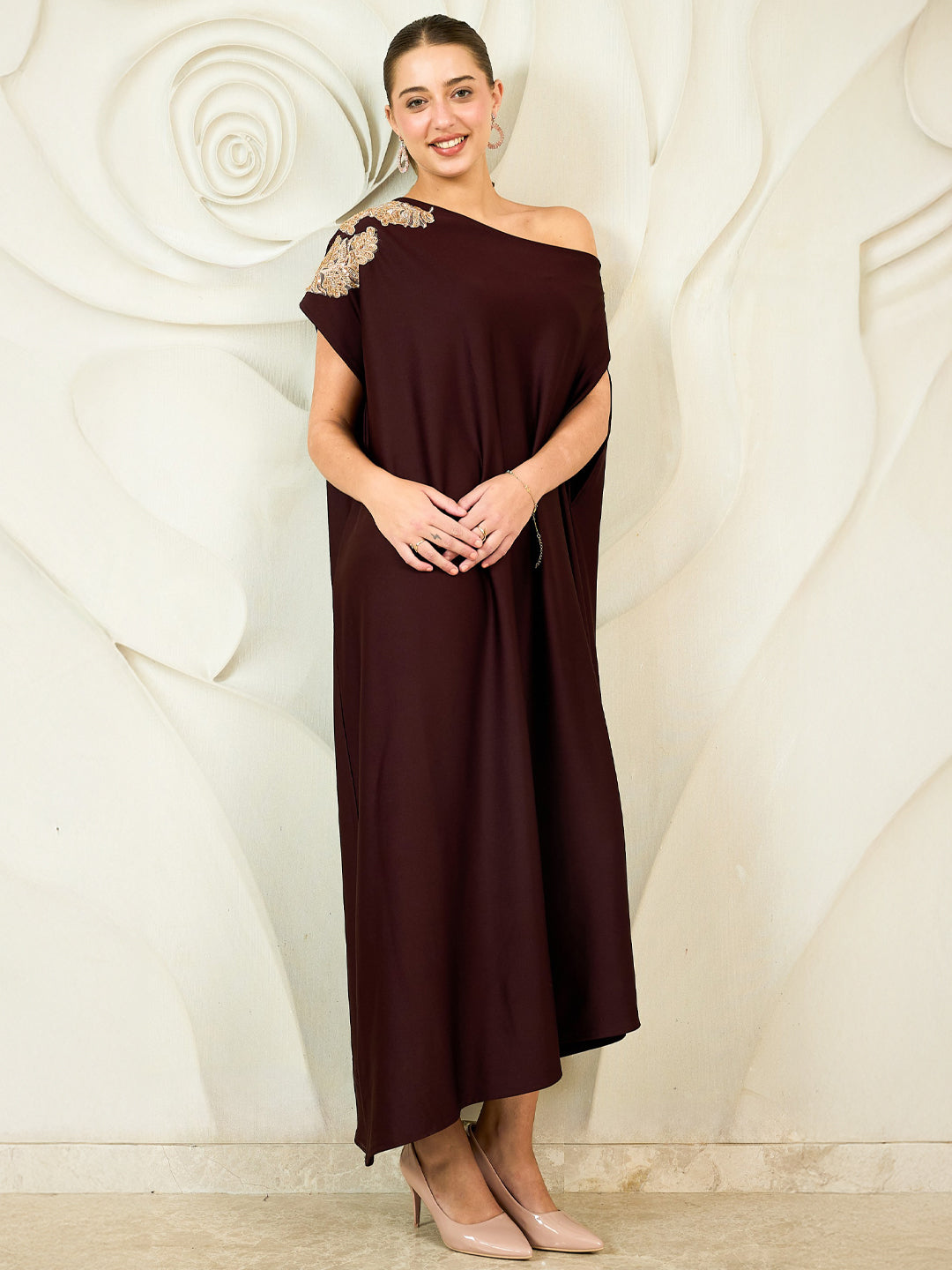 Shally Bhasin by Athena Embroidered One Shoulder Kaftan Maxi Dress