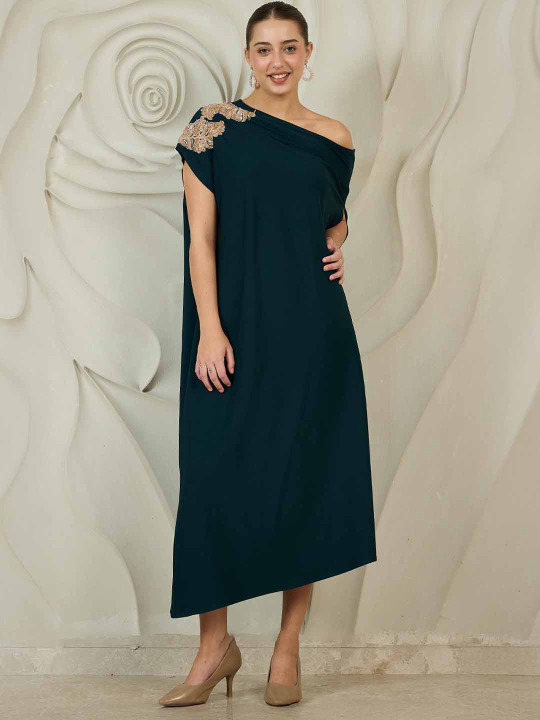 Shally Bhasin by Athena Embellished One-Shoulder Kaftan Maxi Dress