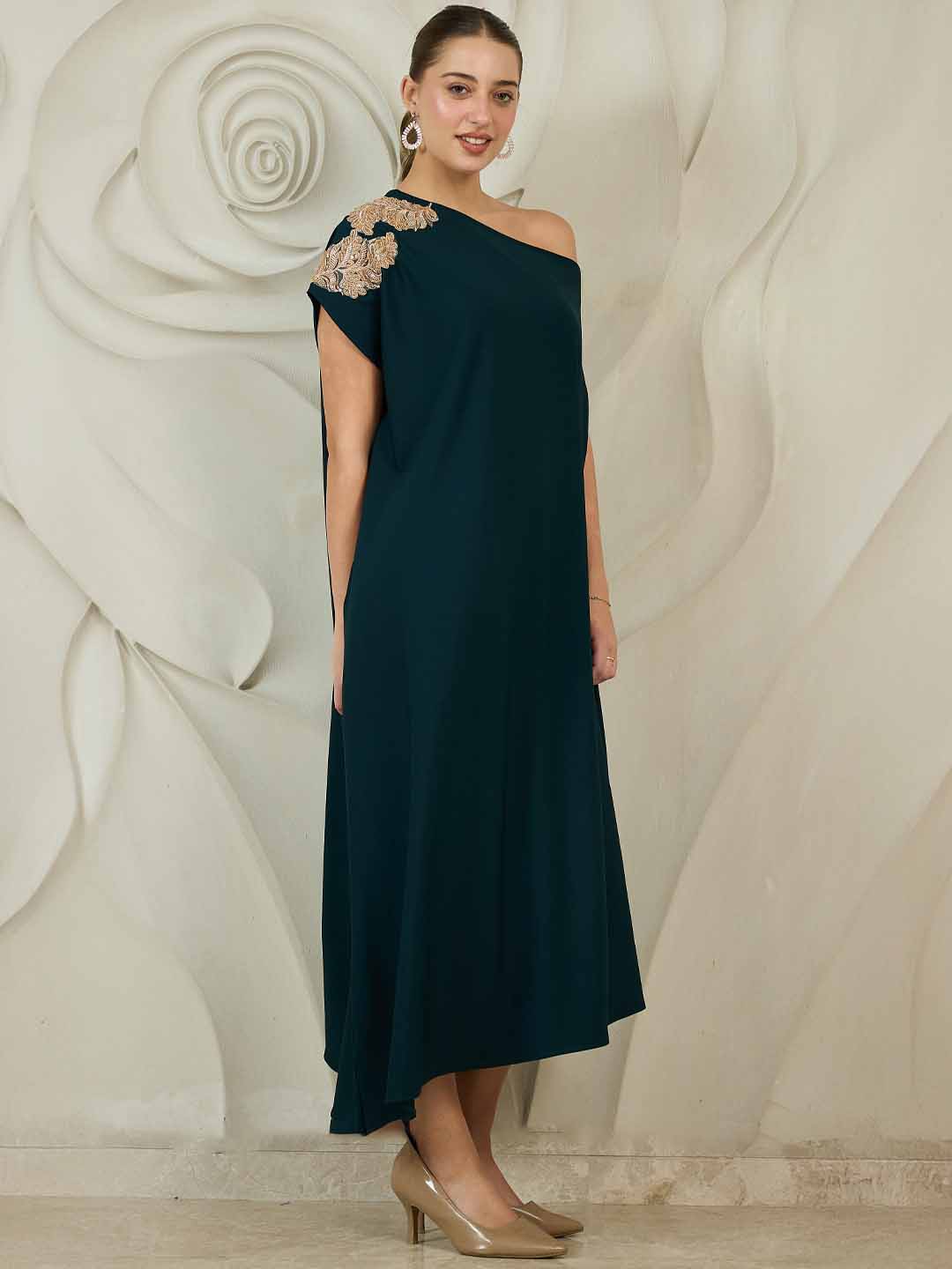 Shally Bhasin by Athena Embellished One-Shoulder Kaftan Maxi Dress