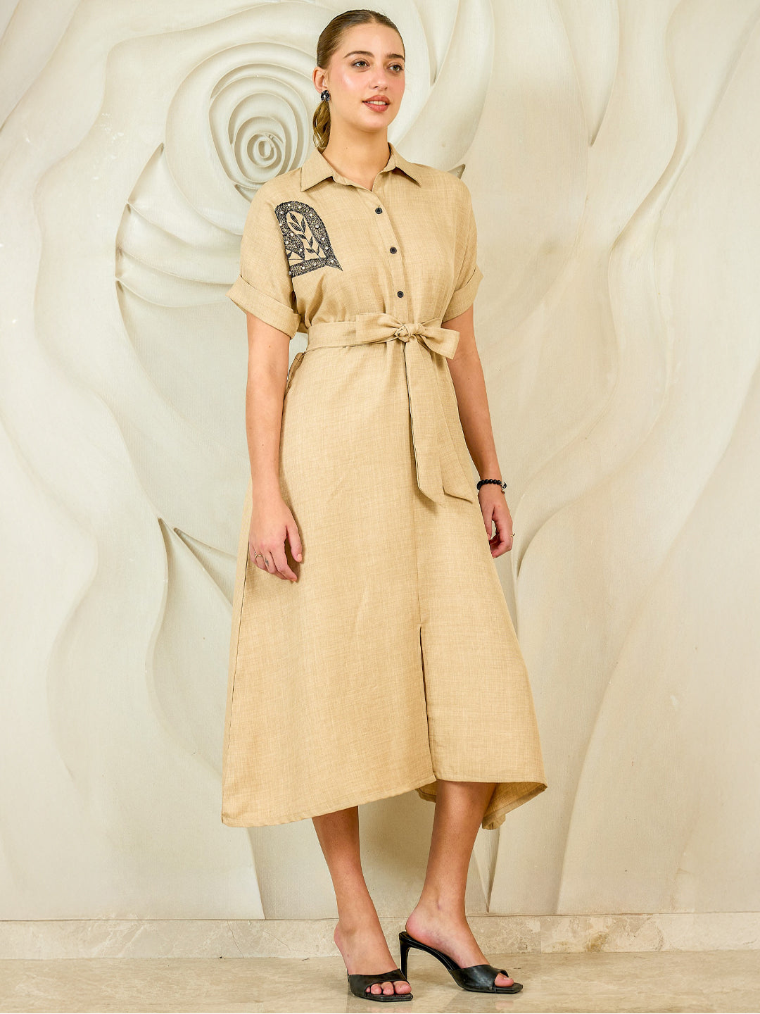 Athena Embroidered Spread Collar Thread Work Linen Midi Shirt Dress