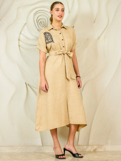 Athena Embroidered Spread Collar Thread Work Linen Midi Shirt Dress