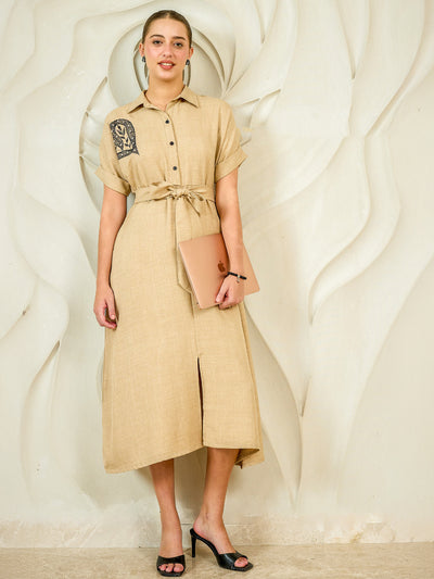 Athena Embroidered Spread Collar Thread Work Linen Midi Shirt Dress