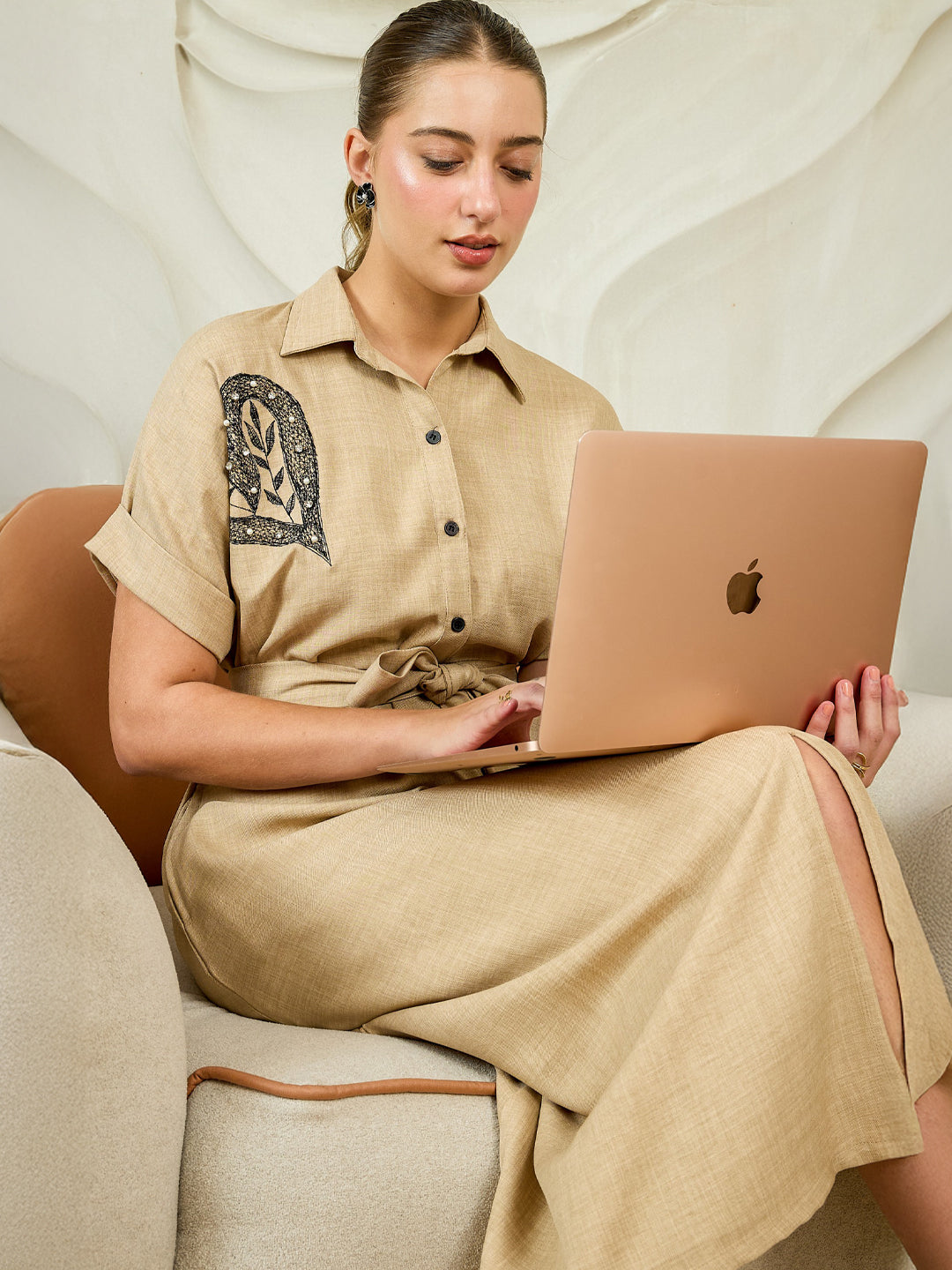 Athena Embroidered Spread Collar Thread Work Linen Midi Shirt Dress