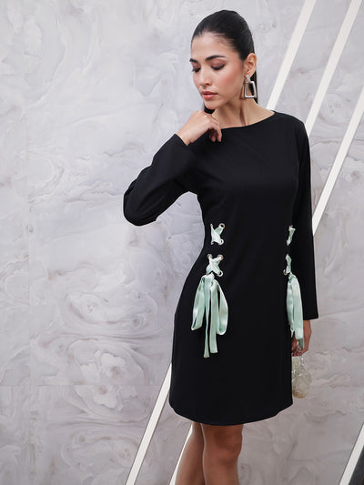 Athena Boat Neck Slit Sleeve Tie-Ups A-Line Dress