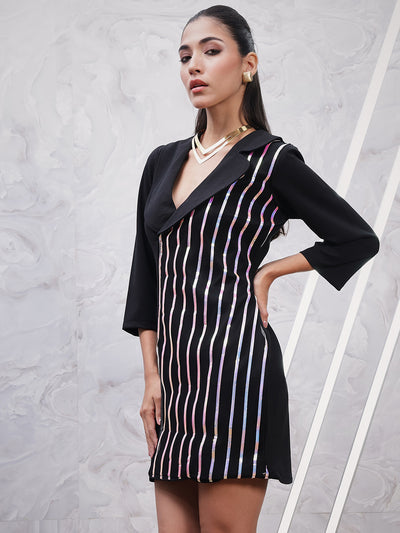 Athena Black Striped Embroidered A-Line Disco Dress