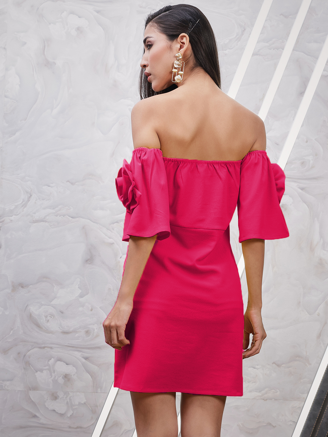 Athena Fuchsia Pink Off-Shoulder Flared Sleeves Corsage Detailed Scuba Sheath Dress