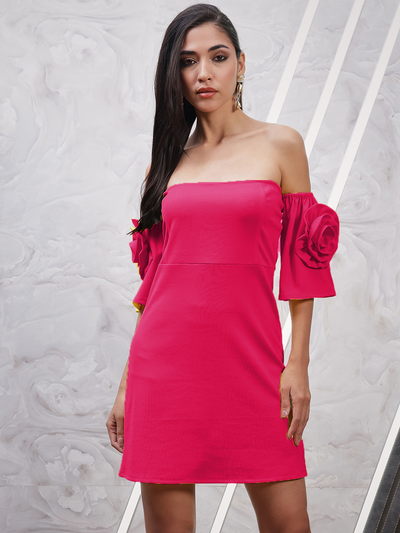Athena Fuchsia Pink Off-Shoulder Flared Sleeves Corsage Detailed Scuba Sheath Dress