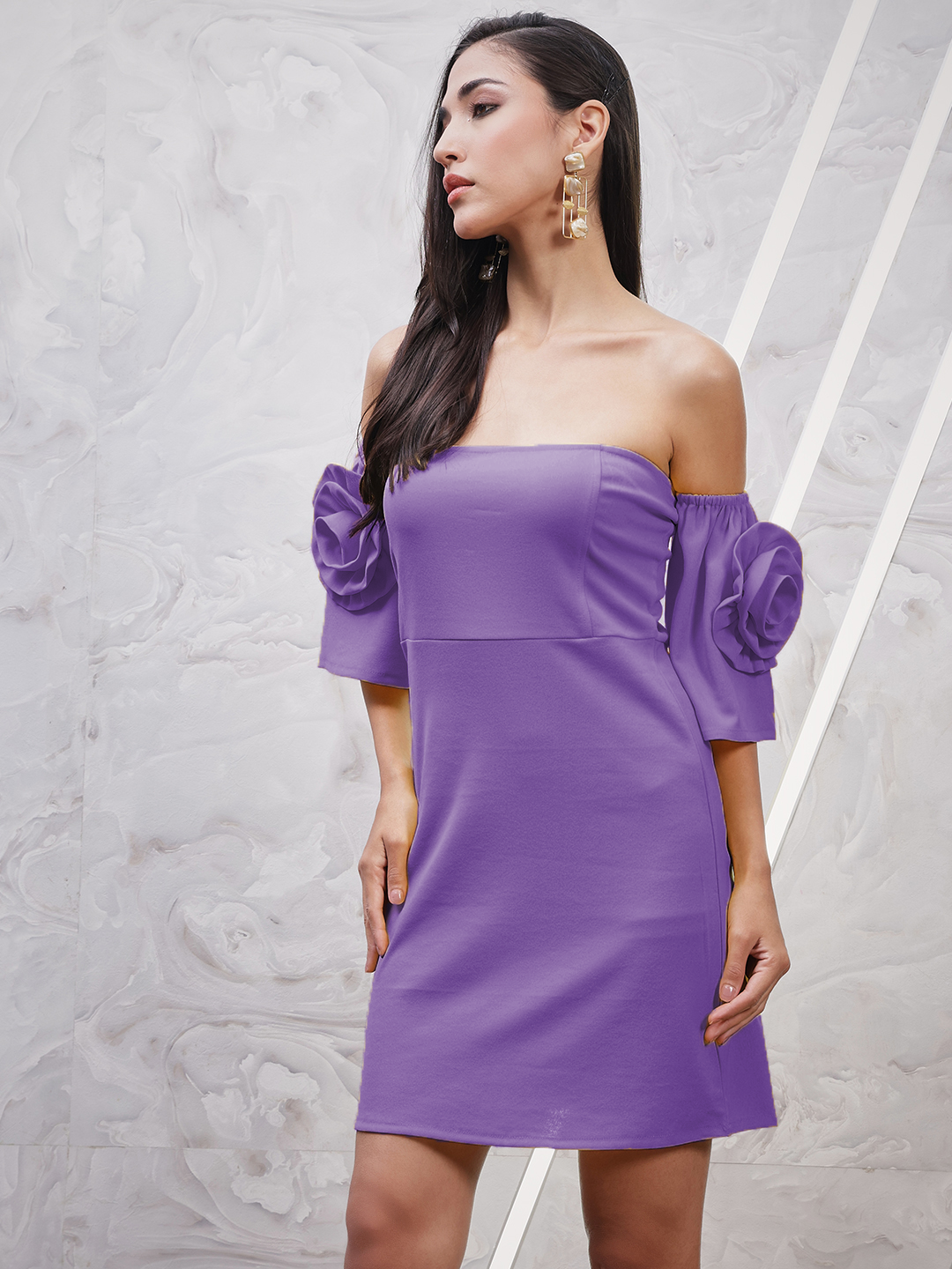 Athena Lavender Off-Shoulder Flared Sleeves Corsage Detailed Scuba Sheath Dress