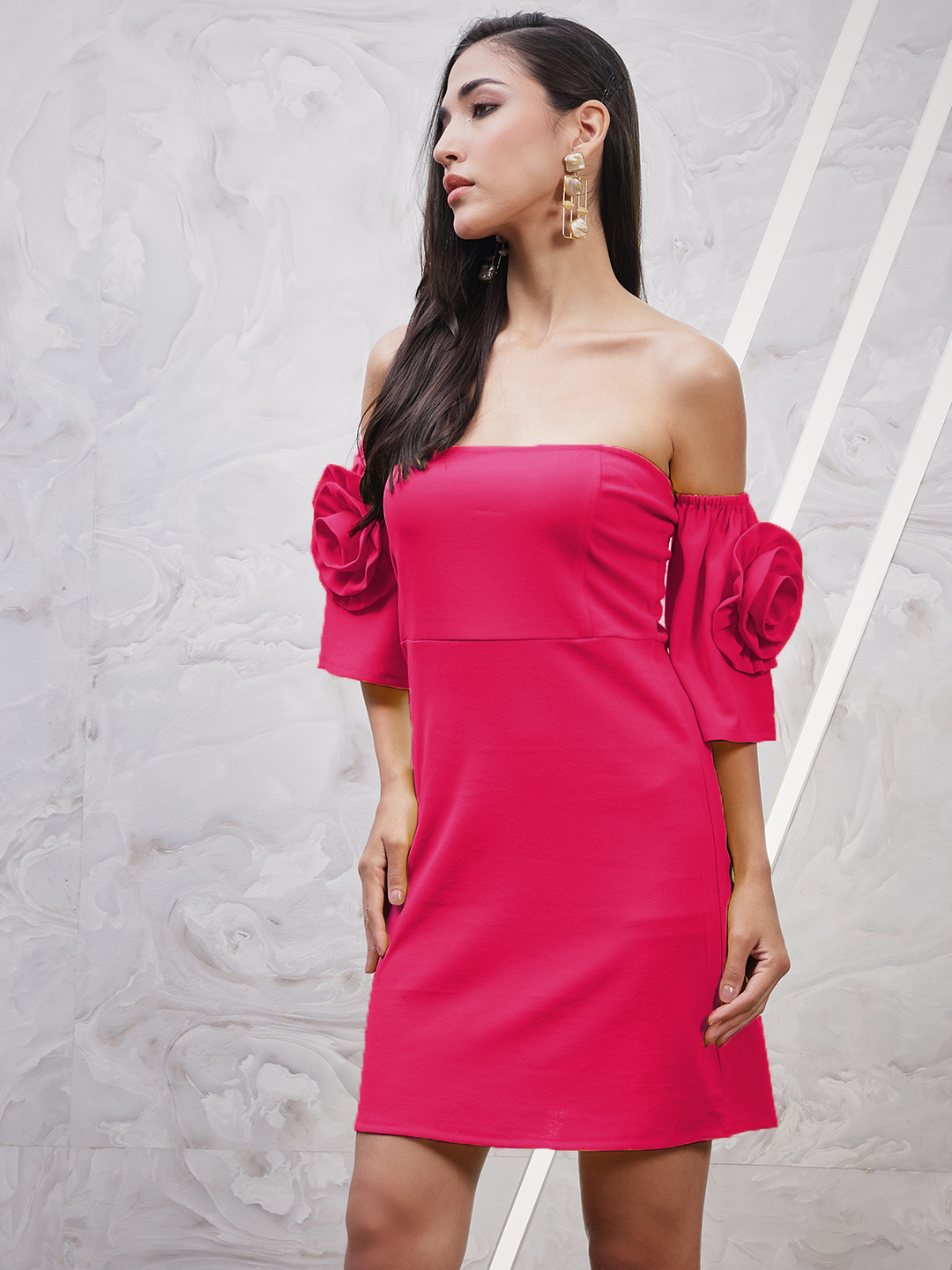 Athena Fuchsia Pink Off-Shoulder Flared Sleeves Corsage Detailed Scuba Sheath Dress