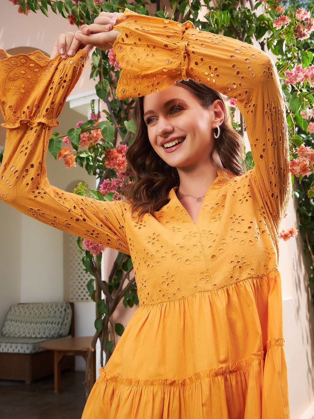 Athena Mustard Yellow Schiffli Tiered A-Line Cotton Dress - Athena Lifestyle