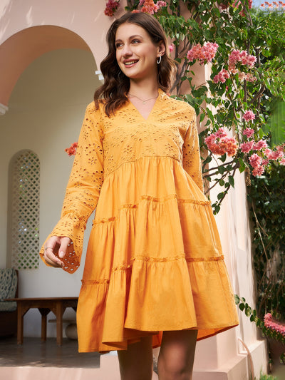 Athena Mustard Yellow Schiffli Tiered A-Line Cotton Dress - Athena Lifestyle