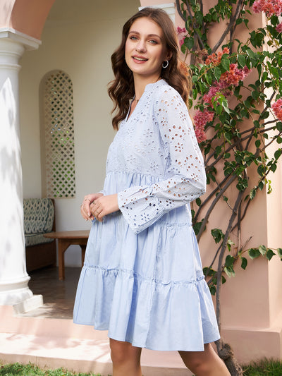 Athena Blue Schiffli Tiered A-Line Cotton Dress - Athena Lifestyle