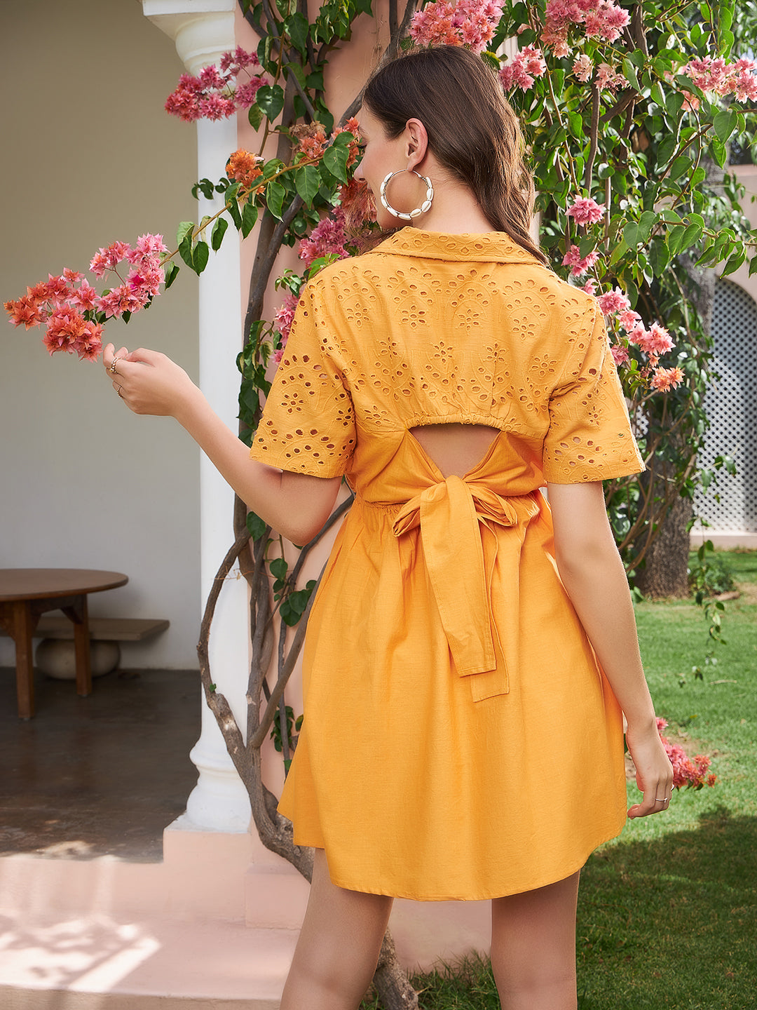 Athena Mustard Yellow Schiffli Tie-Up Shirt Cotton Dress - Athena Lifestyle