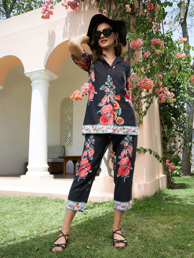 Athena Black Floral Printed Shirt & Trousers Co-Ords - Athena Lifestyle