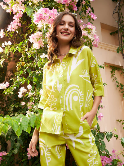 Athena Lime Green Floral Printed Linen Shirt Style Top