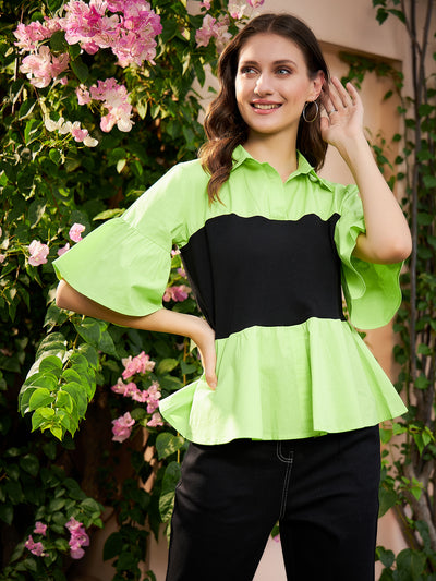 Athena Green & Black Colourblocked Pure Cotton Peplum Top - Athena Lifestyle