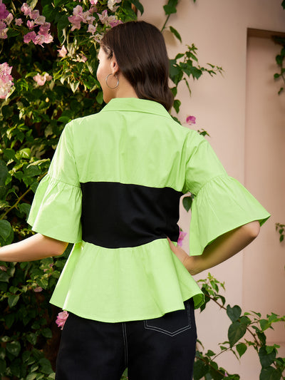 Athena Green & Black Colourblocked Pure Cotton Peplum Top - Athena Lifestyle