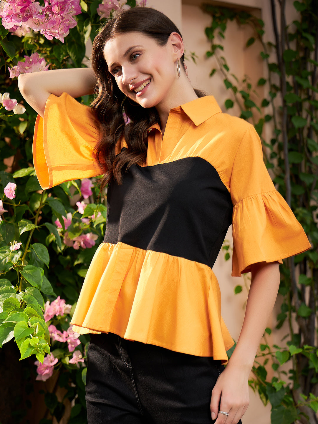 Athena Orange & Black Colourblocked Pure Cotton Peplum Top - Athena Lifestyle