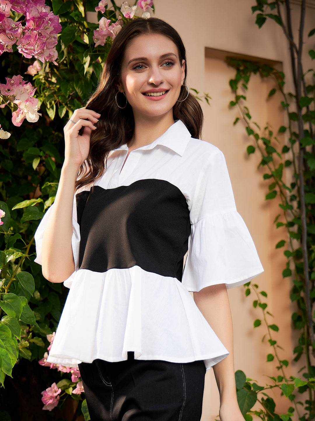 Athena White & Black Colourblocked Pure Cotton Peplum Top - Athena Lifestyle
