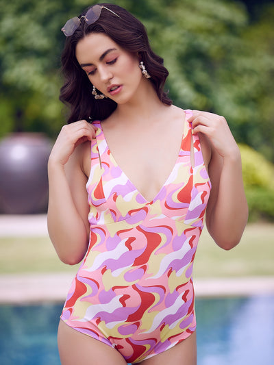 Athena Pink & Purple Abstract Printed Swim Bodysuit - Athena Lifestyle