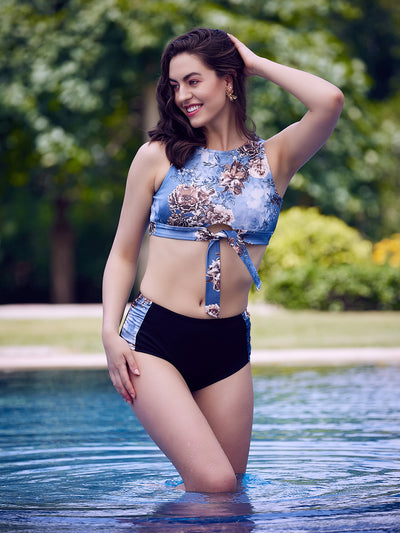 Athena Blue And Black Floral Printed Swim Bikini Set - Athena Lifestyle