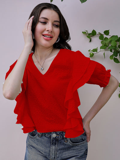 Athena red Flutter Sleeve Ruffles Top