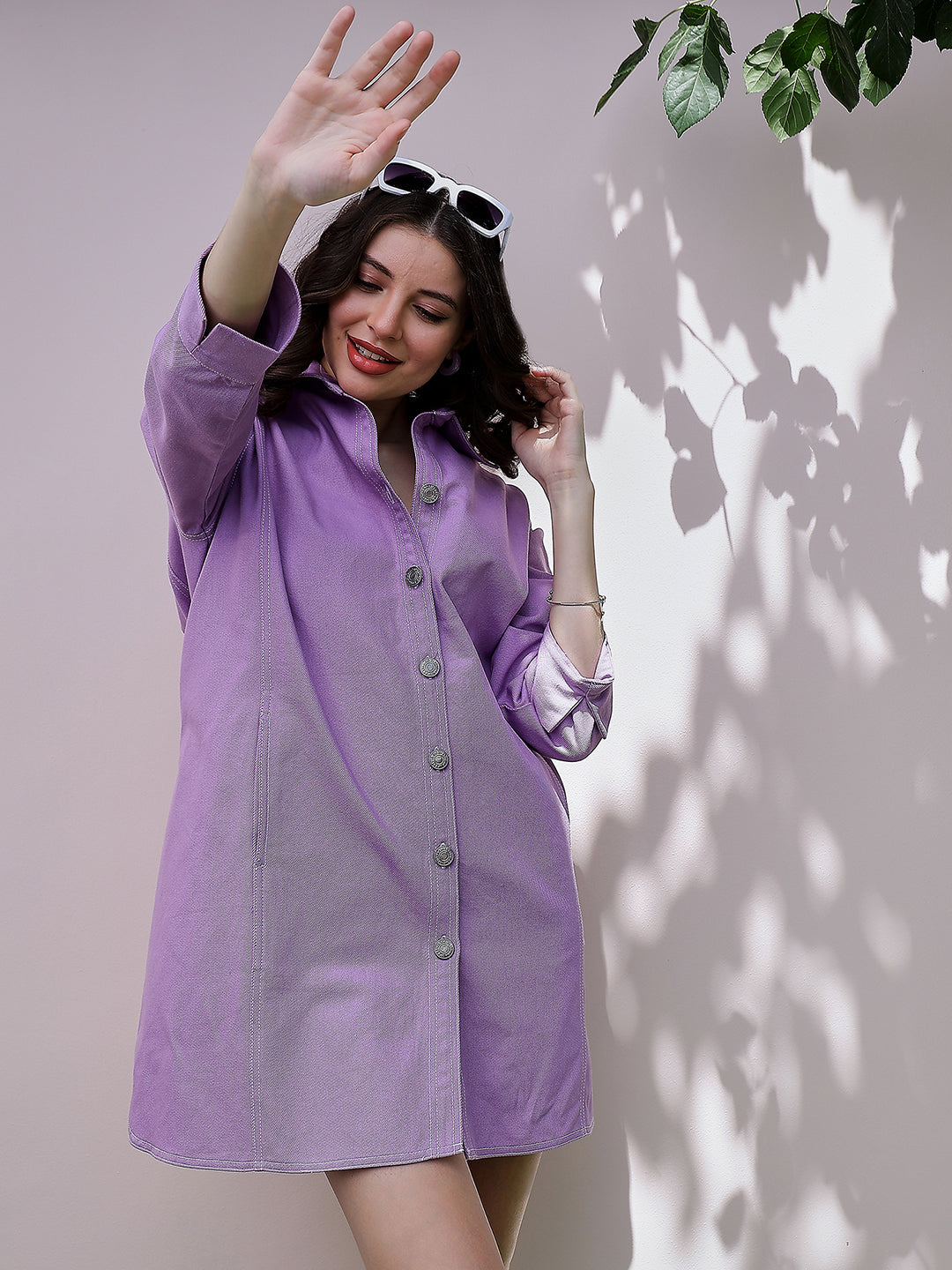 Athena Lavender Cuffed Sleeves Oversized Denim Shirt Dress