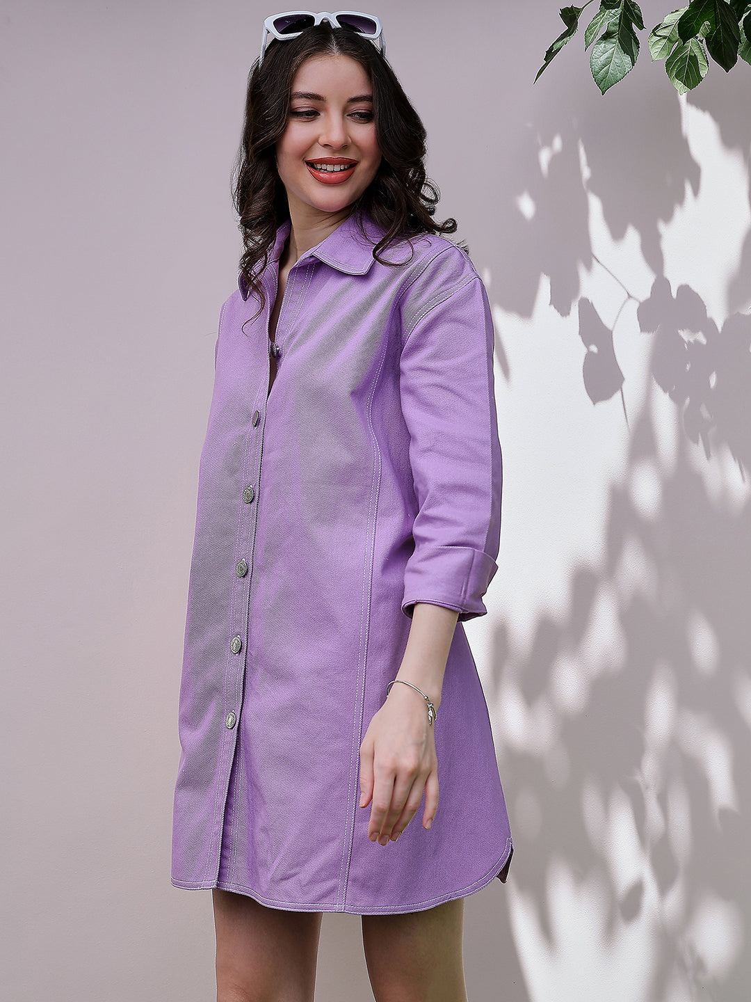 Athena Lavender Cuffed Sleeves Oversized Denim Shirt Dress