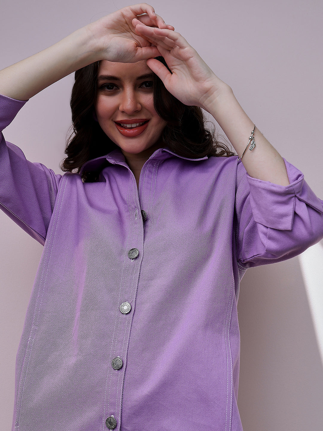 Athena Lavender Cuffed Sleeves Oversized Denim Shirt Dress