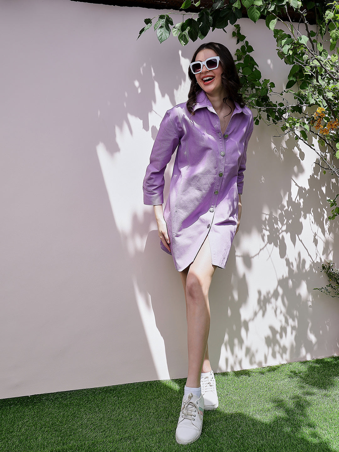 Athena Lavender Cuffed Sleeves Oversized Denim Shirt Dress