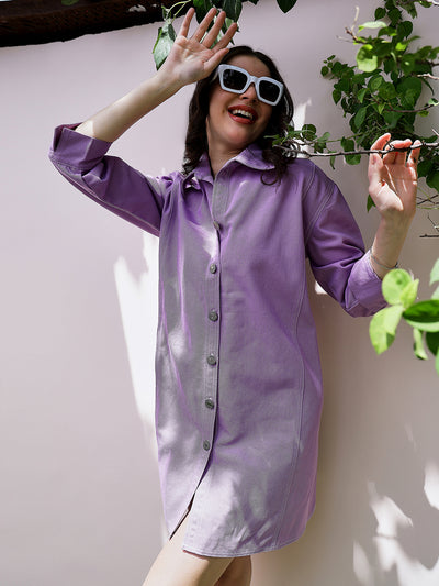 Athena Lavender Cuffed Sleeves Oversized Denim Shirt Dress