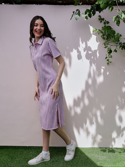 Athena Lavender Self Design Shirt Collar Short Sleeves T-shirt Midi Dress