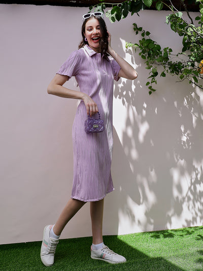 Athena Lavender Self Design Shirt Collar Short Sleeves T-shirt Midi Dress