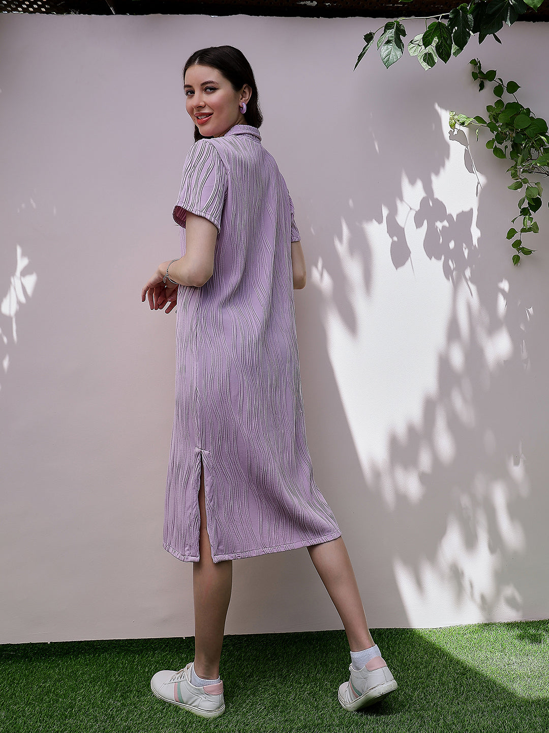Athena Lavender Self Design Shirt Collar Short Sleeves T-shirt Midi Dress