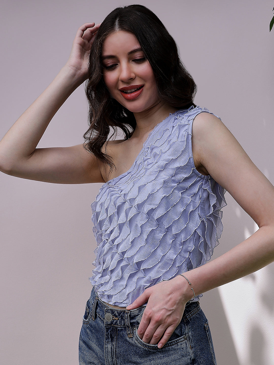 Athena Blue One Shoulder Ruffles Detailed Top