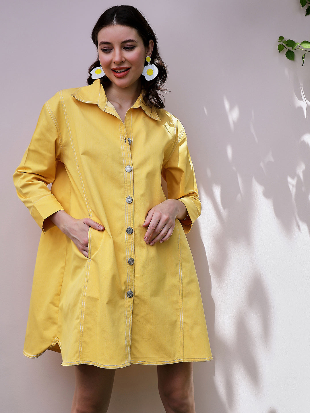 Athena Yellow Cuffed Sleeves Oversized Denim Shirt Dress
