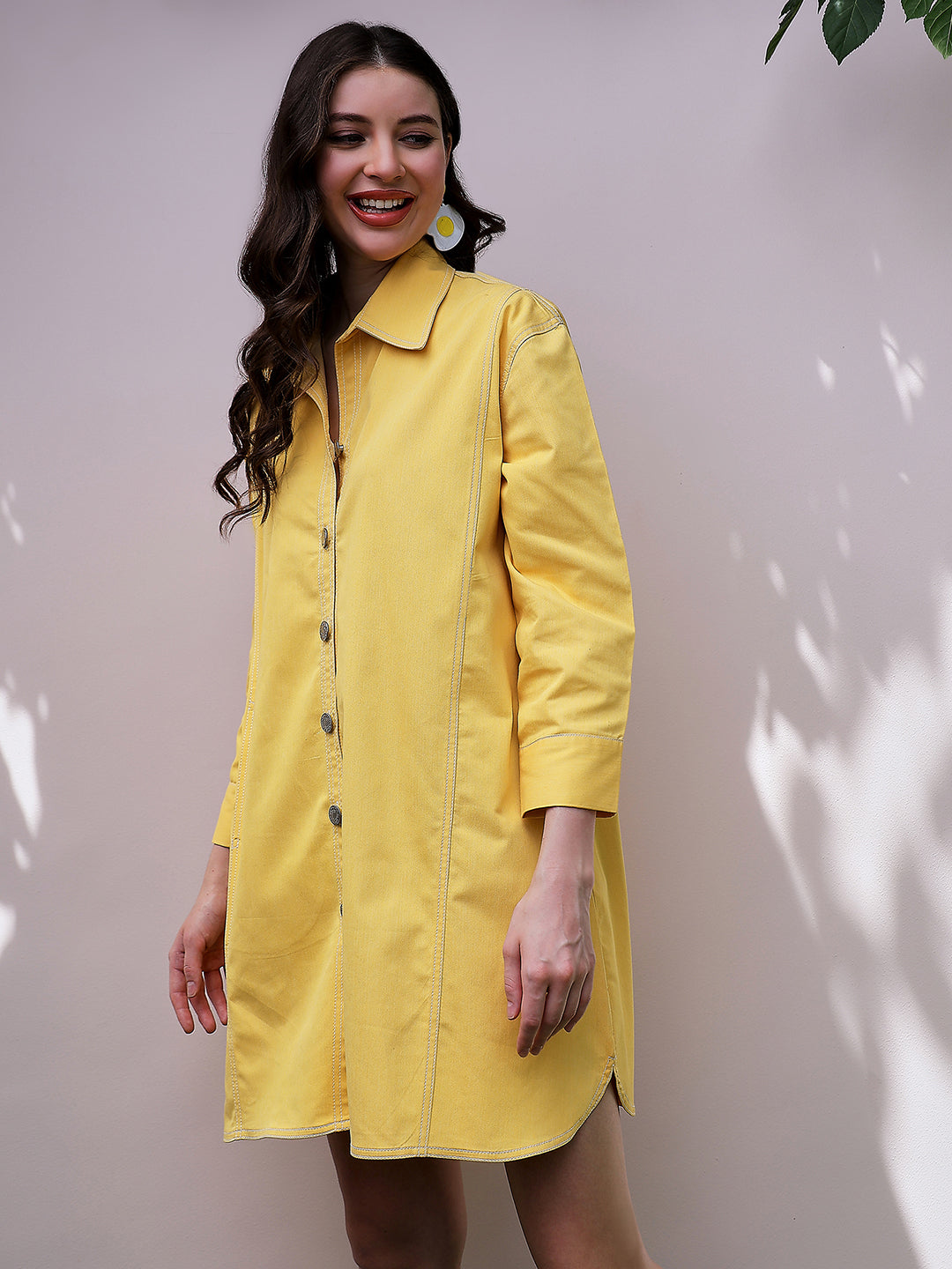 Athena Yellow Cuffed Sleeves Oversized Denim Shirt Dress