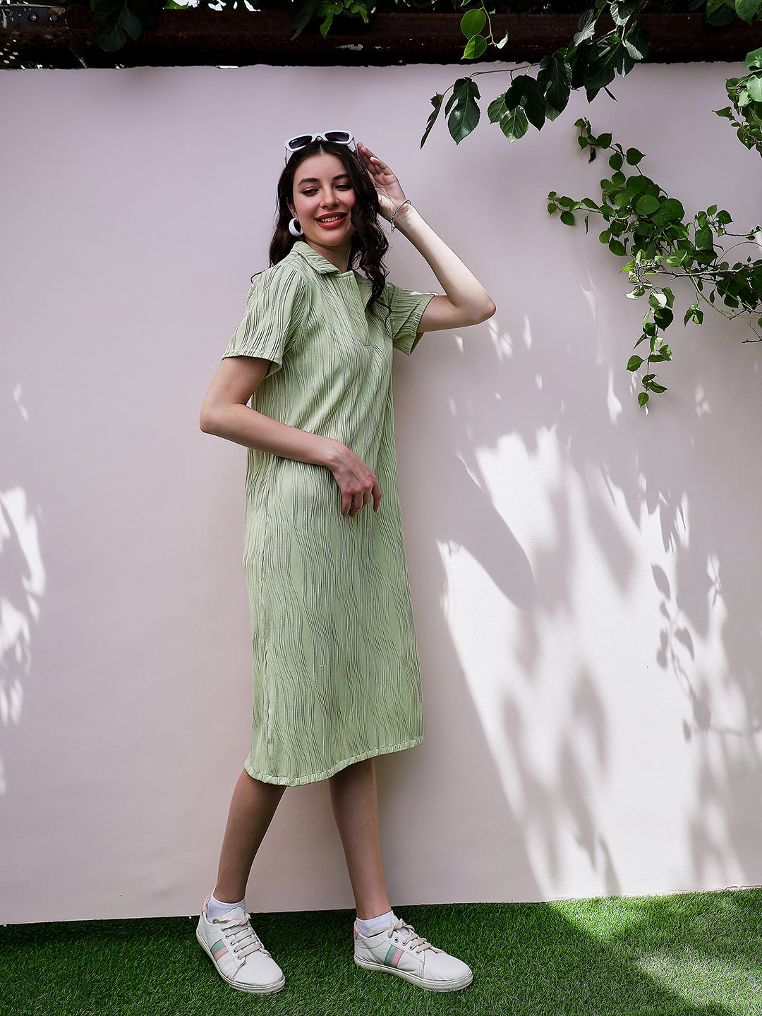 Athena Green Self Design Short Sleeves Shirt Midi Dress