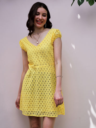 Athena Yellow V-Neck Puff Sleeves Schiffli Cotton Mini Fit and Flare Dress