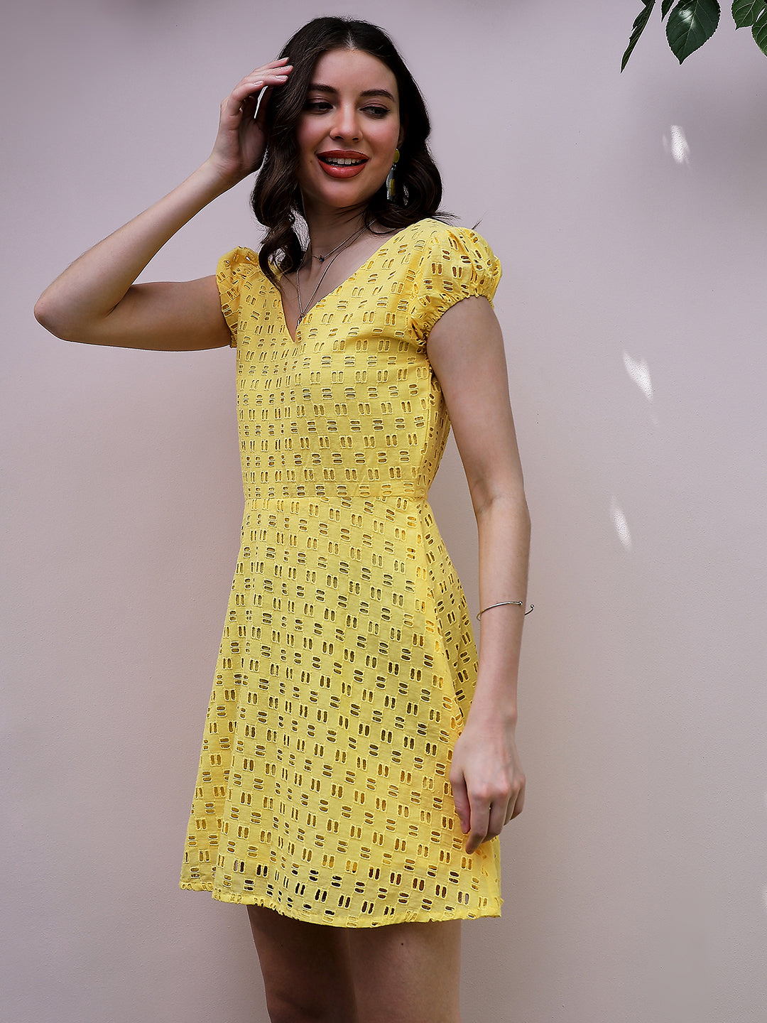 Athena Yellow V-Neck Puff Sleeves Schiffli Cotton Mini Fit and Flare Dress