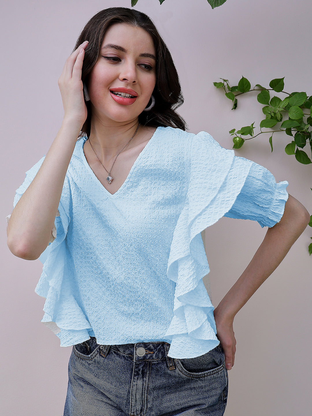 Athena Blue Self Design V-Neck Flutter Sleeves Ruffles Detailed Top