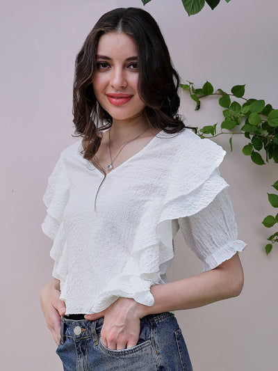 Athena White Self Design V-Neck Flutter Sleeves Ruffles Detailed Top