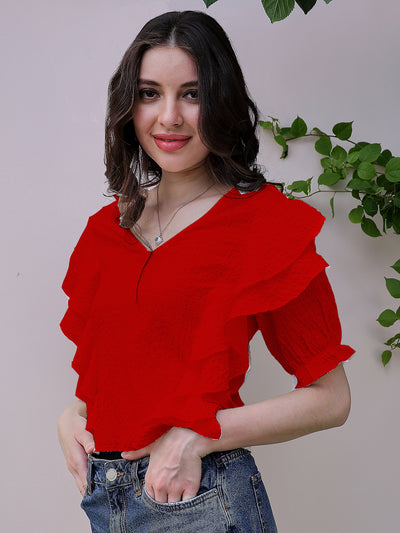 Athena red Flutter Sleeve Ruffles Top