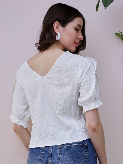 Athena White Self Design V-Neck Flutter Sleeves Ruffles Detailed Top