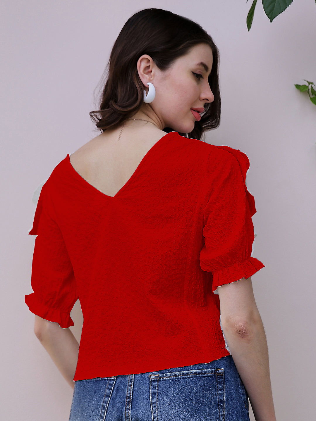 Athena red Flutter Sleeve Ruffles Top