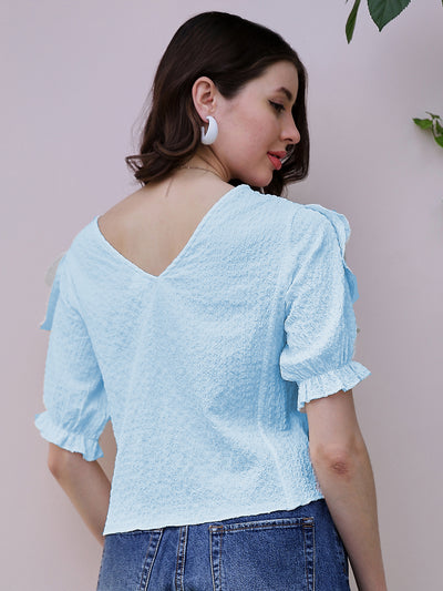 Athena Blue Self Design V-Neck Flutter Sleeves Ruffles Detailed Top