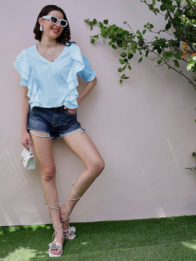 Athena Blue Self Design V-Neck Flutter Sleeves Ruffles Detailed Top