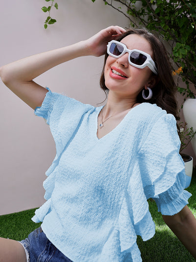 Athena Blue Self Design V-Neck Flutter Sleeves Ruffles Detailed Top